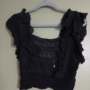 Free People Crop Top Wom Medium Fairy Grunge Sheer Eyelet Lace Smocked Bridget